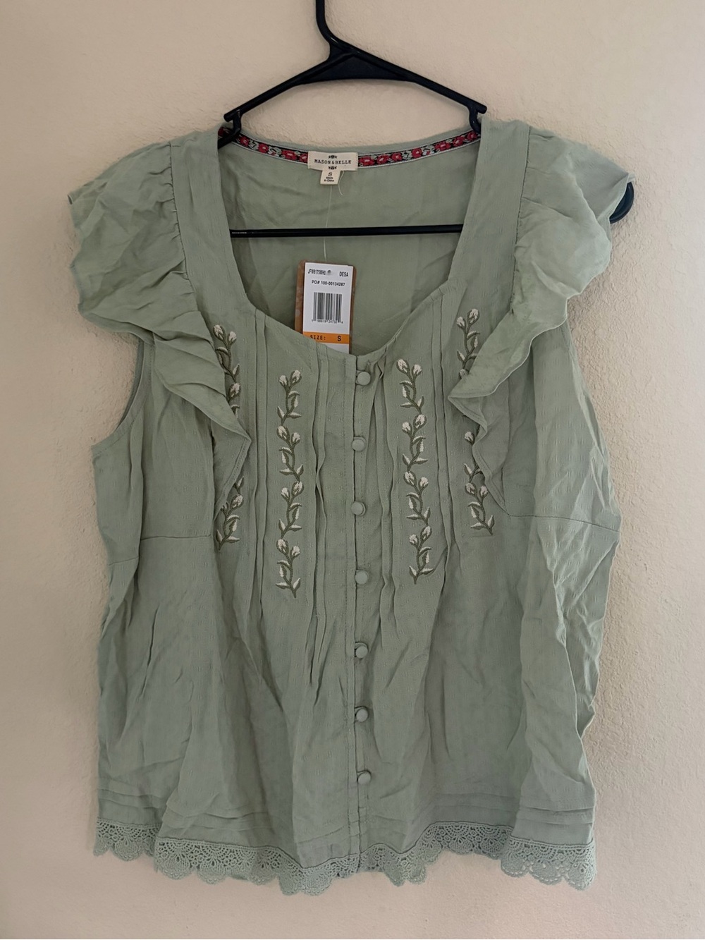 Sage Green Embroidered Ruffle-Shoulder Button Front Blouse